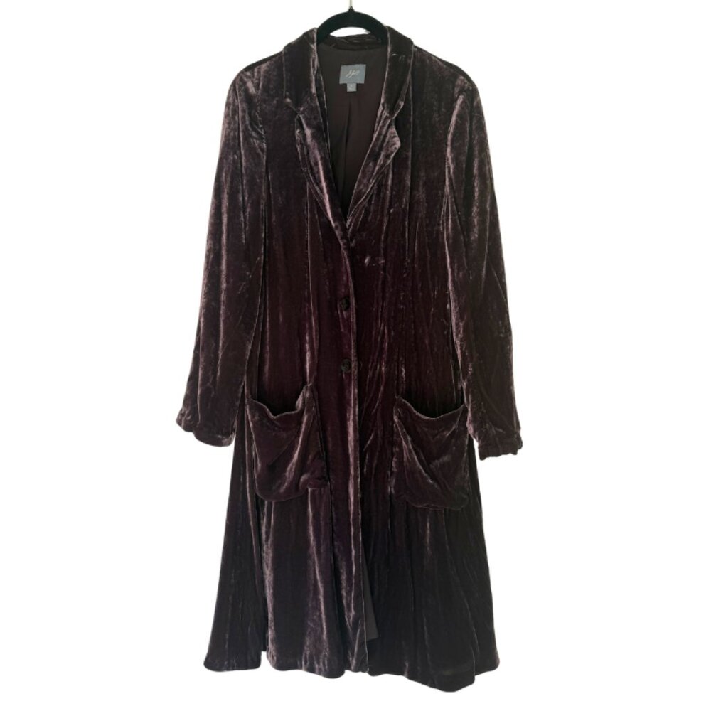 J. Jill Crushed Velvet Long Coat Jacket Plum Brown Size Small